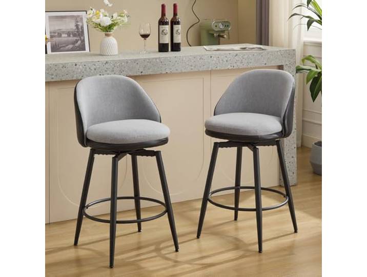IDEALHOUSE 2er-Set drehbare Barhocker mit Rückenlehne – 66 cm hohe Polsterhocker aus Kunstleder & Leinen für Kücheninsel & Home-Bar – Metallbeine – Schwarz-Grau