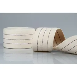 Baumwollgurt | Dochtband aus Baumwolle mit 3 lila Kennstreifen | 66 mm Breite | 10 m Rollenware | viele Verwendungszwecke | Stärke ca. 1,8 mm