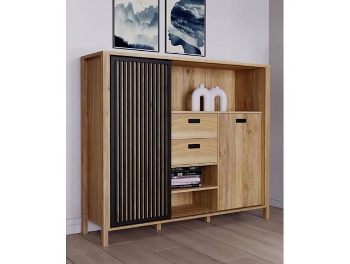 möbelando Kommode >Jecho< in Mauvella Eiche/Schwarz - 149,9x129,9x40,2cm (BxHxT)
