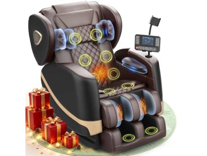 Massagesessel, Ganzkörper-Massagesessel mit Zero-Gravity, 14 Rollen und 8 Komfort-Airbags, Mit Heizfunktion für Taille und Beine Fußmassage, Bluetooth-Player und 2-in-1 Touchscreen (Schwarz + Braun)