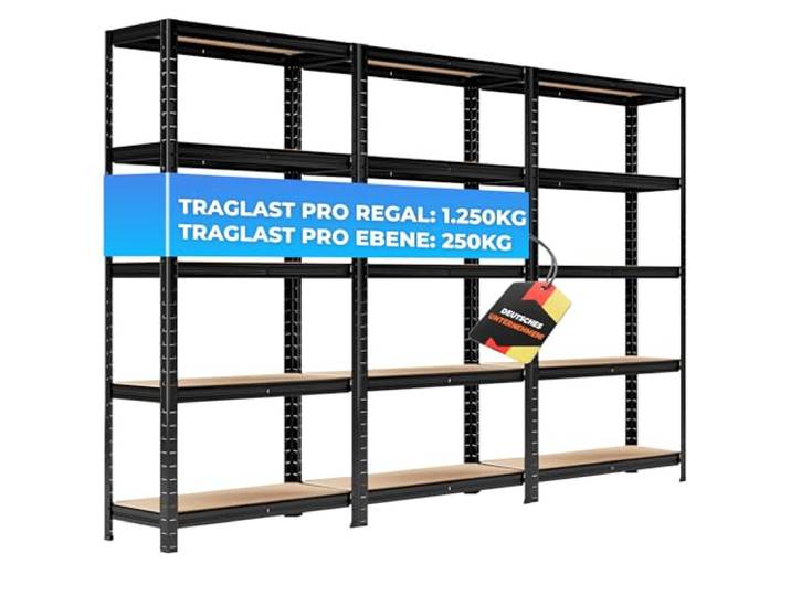ALL Premium Schwerlastregal 3er-Set 150x75x30 cm Schwarz - 1250kg Traglast – Regal 30cm tief & schwerlastregal 30 cm tief, Regal 150cm hoch ideal für Keller & Lager