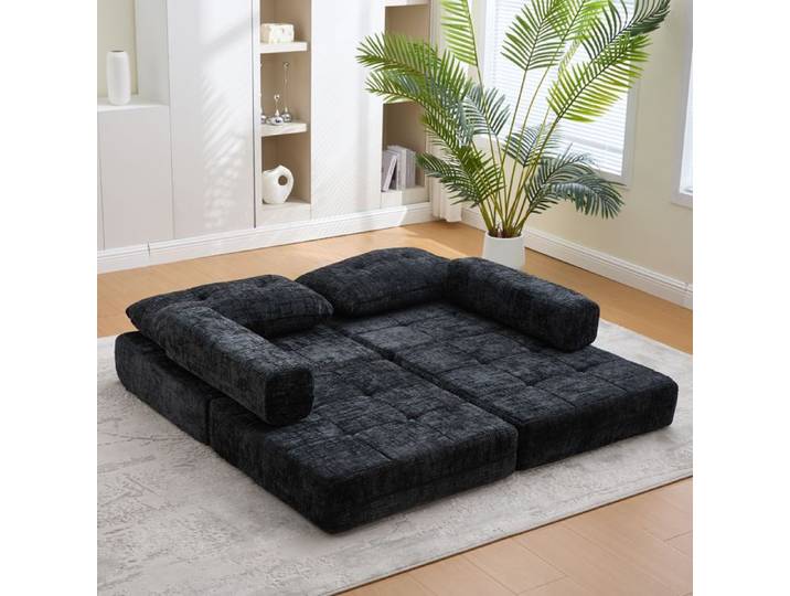 Canapé-lit pliable en chenille noir avec coussins tête et lombaires