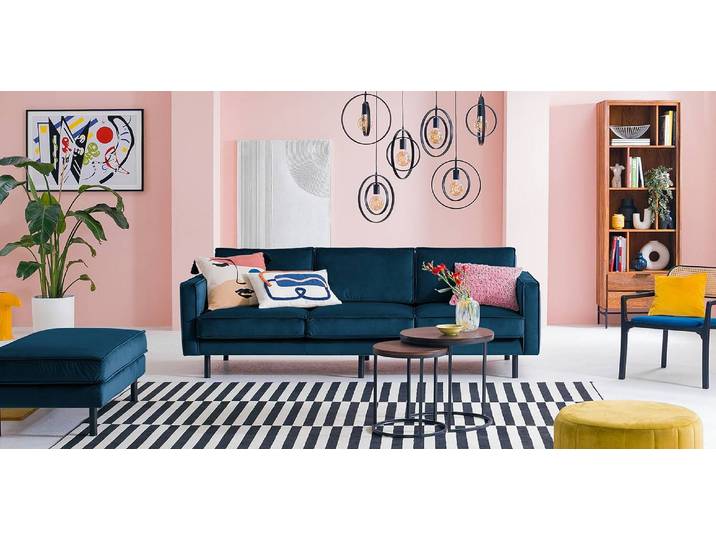 home24 XXL-bank blauw velours Ravi 237 x 81 x 96cm glamour
