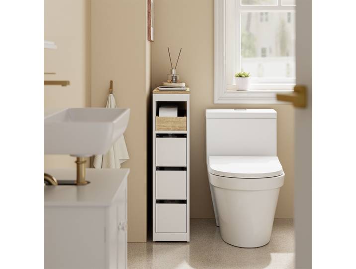SoBuy BZR54-K-W Armoire de salle de bain avec rouleaux 20 cm avec 3 tiroirs Armoire de toilette mobile pour petite toilette Blanc 60x20x82.3