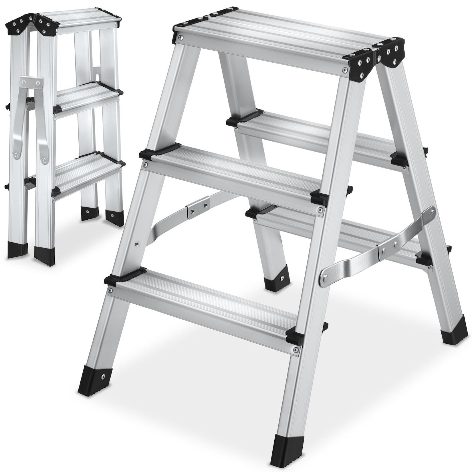 tectake® Doppelseitige Aluminium Trittleiter, 3 Stufen, klappbar, geriffelte Trittfläche, Belastbarkeit 150 kg