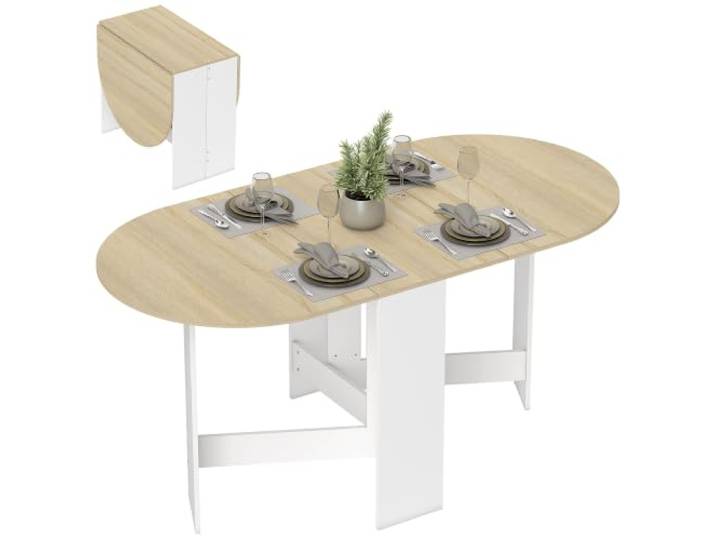HOMCOM Klapp-Esstisch für bis zu 6 Personen Naturholz und Weiß Ovaler Klapp-Küchentisch, für kleine Räume, Esszimmer