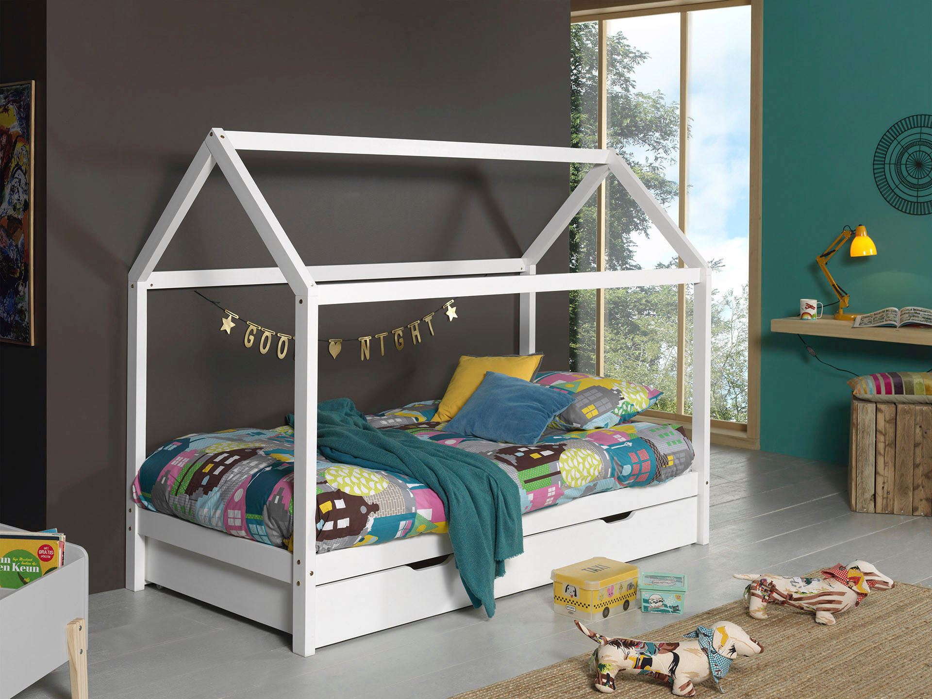 Hausbett VIPACK "Dallas, Hausbett Kiefer massiv, stabil gebaut, mit Rolllattenrost", weiss (weiß), B:98cm H:158,5cm L:208cm, Boden Bettschublade Hartfaser, Betten, Hausbett, wahlweise mit oder ohne Bettschublade, 2 Farben zur Wahl weiß Liegefläche Länge B
