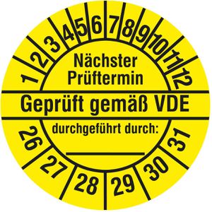 Böttcher-AG Prüfplaketten Nächste Prüftermin geprüft gem. VDE, 2026-2031, gelb, Ø 30 mm, 1.000 Stück