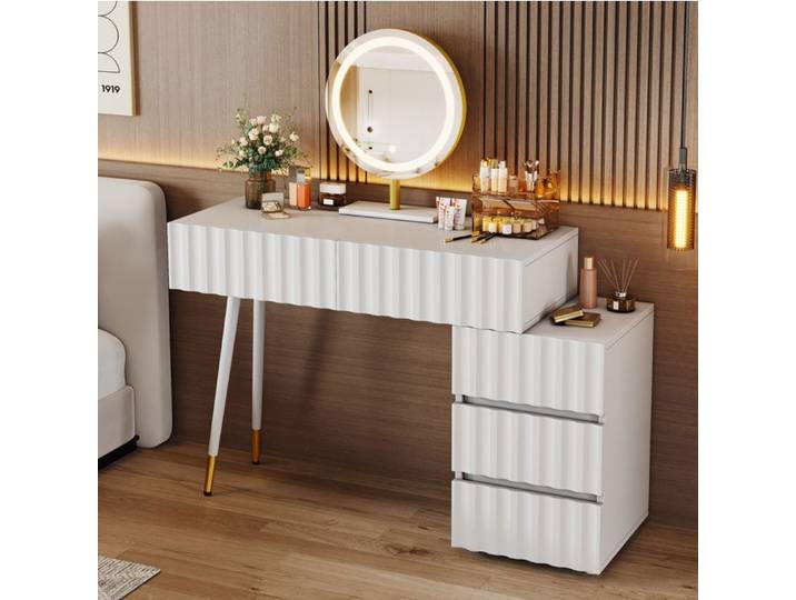 Coiffeuse avec miroir LED SENVIRO - 100 x 40 x 127 cm 5 tiroirs éclairage tricolore réglable blanc