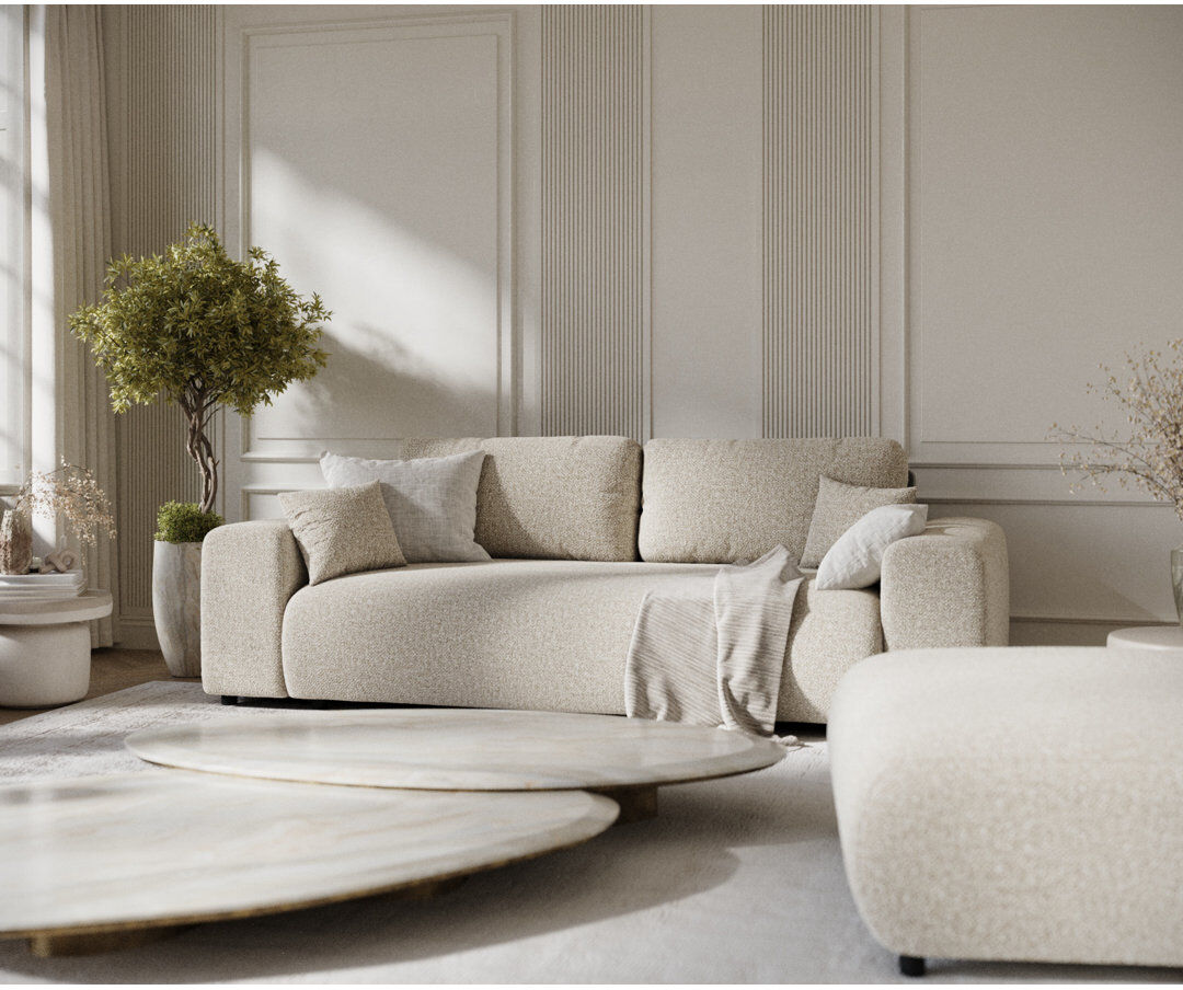 Ebern Designs Three-seater square arm sofa Beige Boucle 79cm H X 213cm W X 108cm D