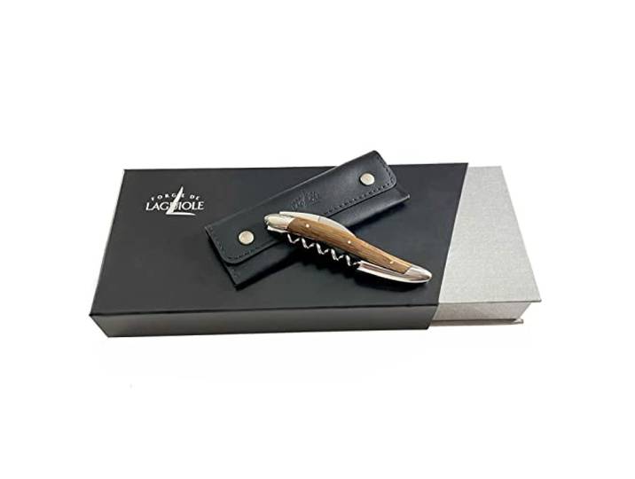 Forge de Laguiole Kellnermesser Sommelierbesteck - Griff Fossile Mooreiche - Edelstahl glänzend + Lederetui+Poliertuch
