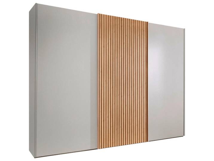 Novel Schwebetürenschrank Texas, Champagner, Eiche Bianco, 6 Fächer, 250x236x67 cm, ISO 9001, Goldenes M, Made in Germany, Schlafzimmer, Kleiderschränke, Kleiderschränke 3-türig