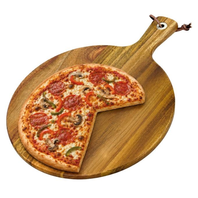 Relaxdays Pizzaplank met handvat, rond, bruin, ø 28 cm