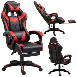 LEAN Drehbarer Büro-Gaming-Stuhl mit Fußstütze und Kissen, Schwarz und Rot