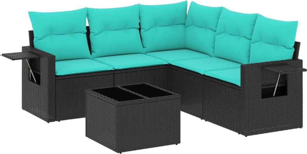 6-teiliges Gartensofa-Set mit Kissen, schwarzes Polyrattan
