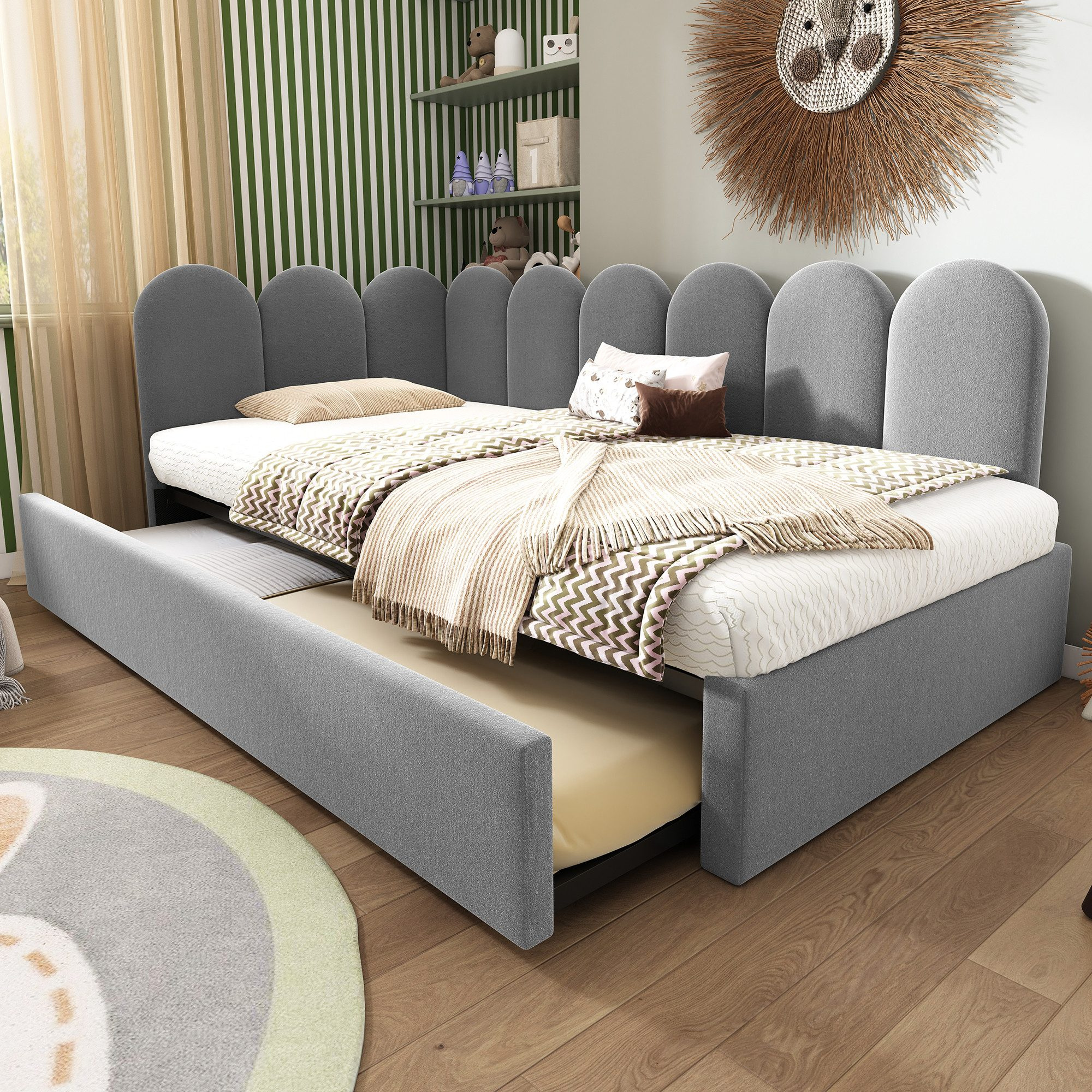 ODIKALO Ausziehbett Daybett Kinderbett Polsterbett Tagesbett Schlafsofa Samt 90x200cm Grau