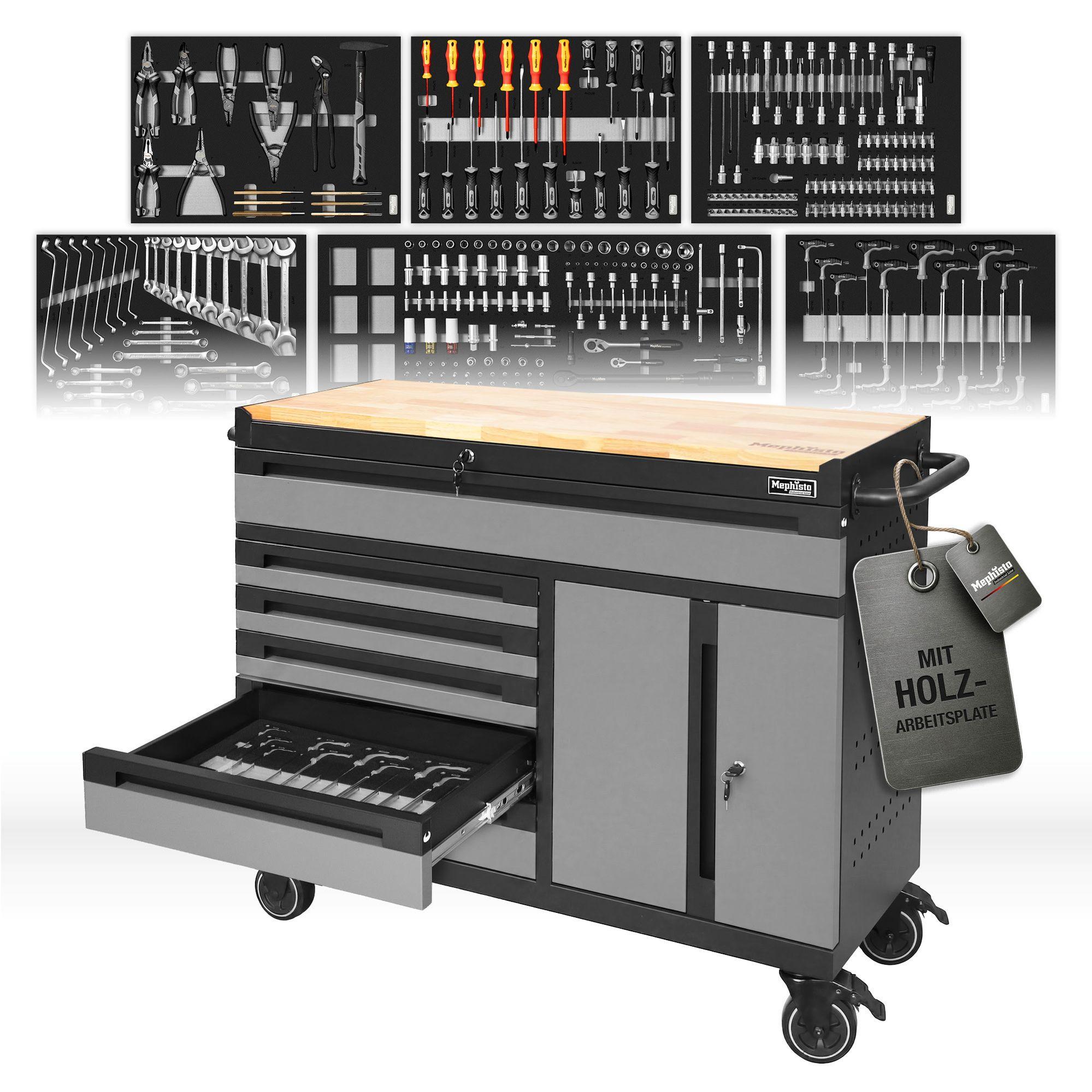 Mephisto Werkstattwagen "TWIN Advanced" Industrial Line mit 6 Schubladen und 299-teiligem Werkzeugsatz mit Holzabdeckung