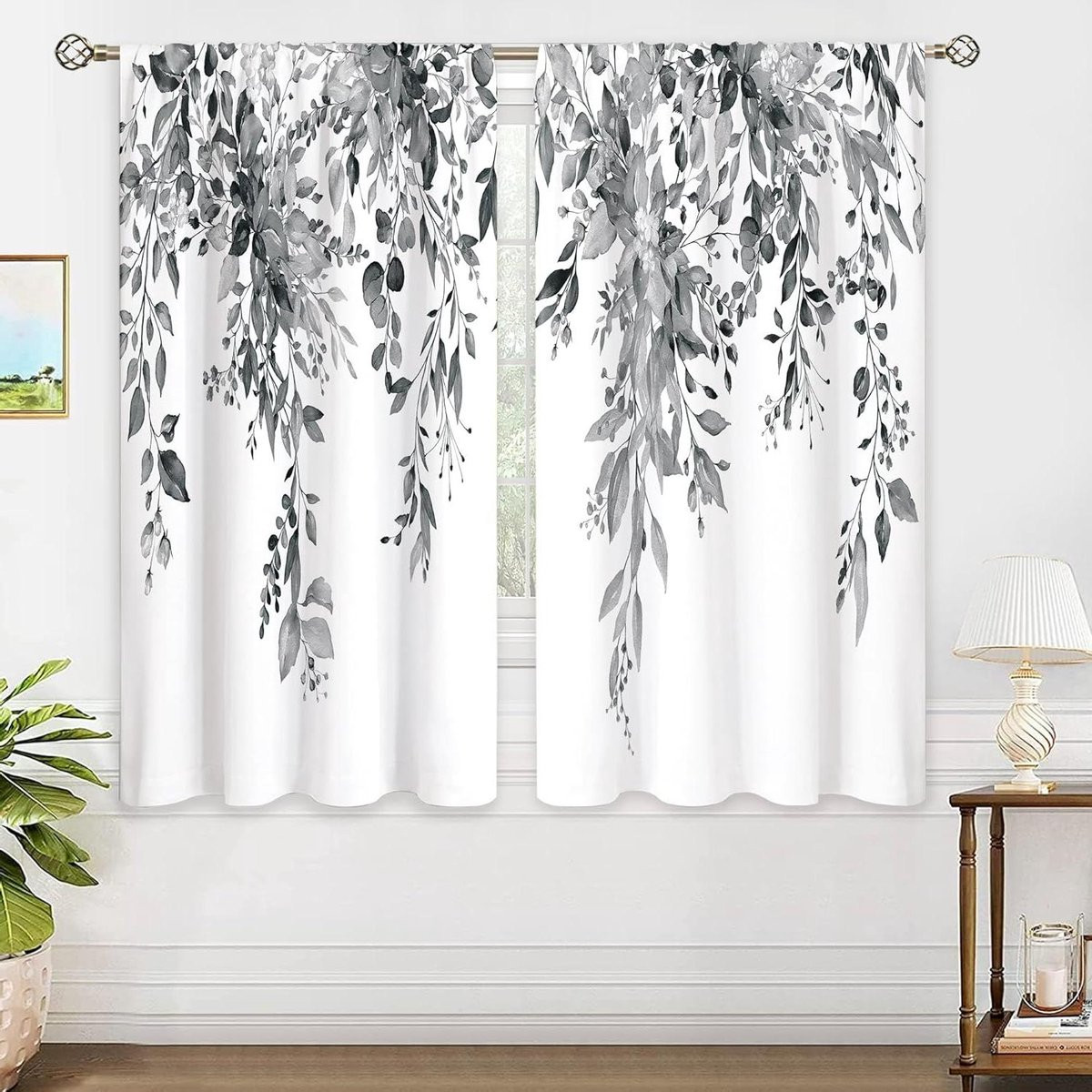 Botanische Gordijnen met Blad Decoratie in Grijs Wit - 2 Panelen - Breedte: 107 cm, Hoogte: 114 cm