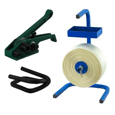 KK Verpackungen 19 mm Textil gewebt HD Umreifung Set Umreifungsband Abroller Bandspanner Klemmen