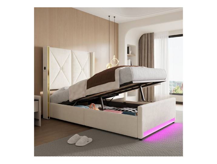 TavilaEcon Boxspringbett Veloursbett mit hohem Kopfteil, Seitentaschen & USB (1-St), mit hydraulischem Hebelsystem & großem Unterbett-Stauraum, grau/beige