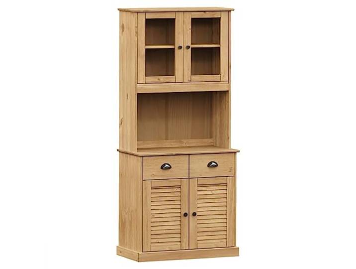 HGFDVCMR Highboard VIGO 78x40x175 cm Kiefer Massivholz Vitrinenschrank Rustikaler Küchenschrank aus Massivholz mit Glastüren und Schubladen für Esszimmer und Wohnzimmer.