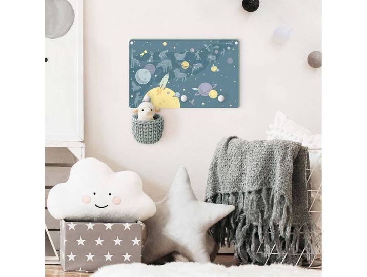 Patère enfants Planètes et fusées 40 x 25 x 1cm Bleu/Jaune