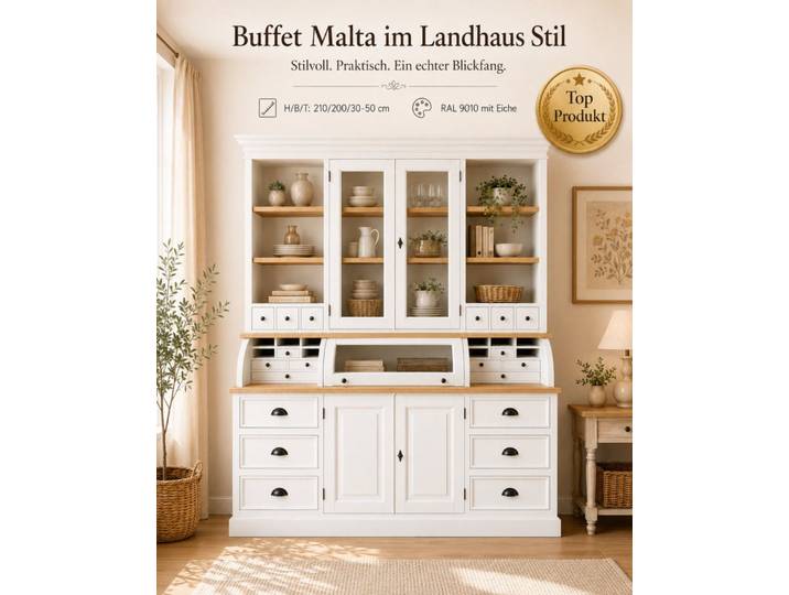 Wohnpalast Buffet Landhaus Buffet Schrank Malta Ladenschrank weiss mit Eiche 200 cm