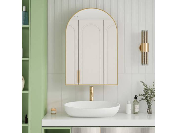 Armoire à pharmacie miroir arquée 91 x 61 cm cadre métal doré pose murale ou encastrée
