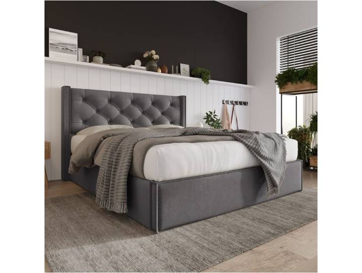 Lit coffre capitonné gris 160 x 200 cm avec sommier relevable