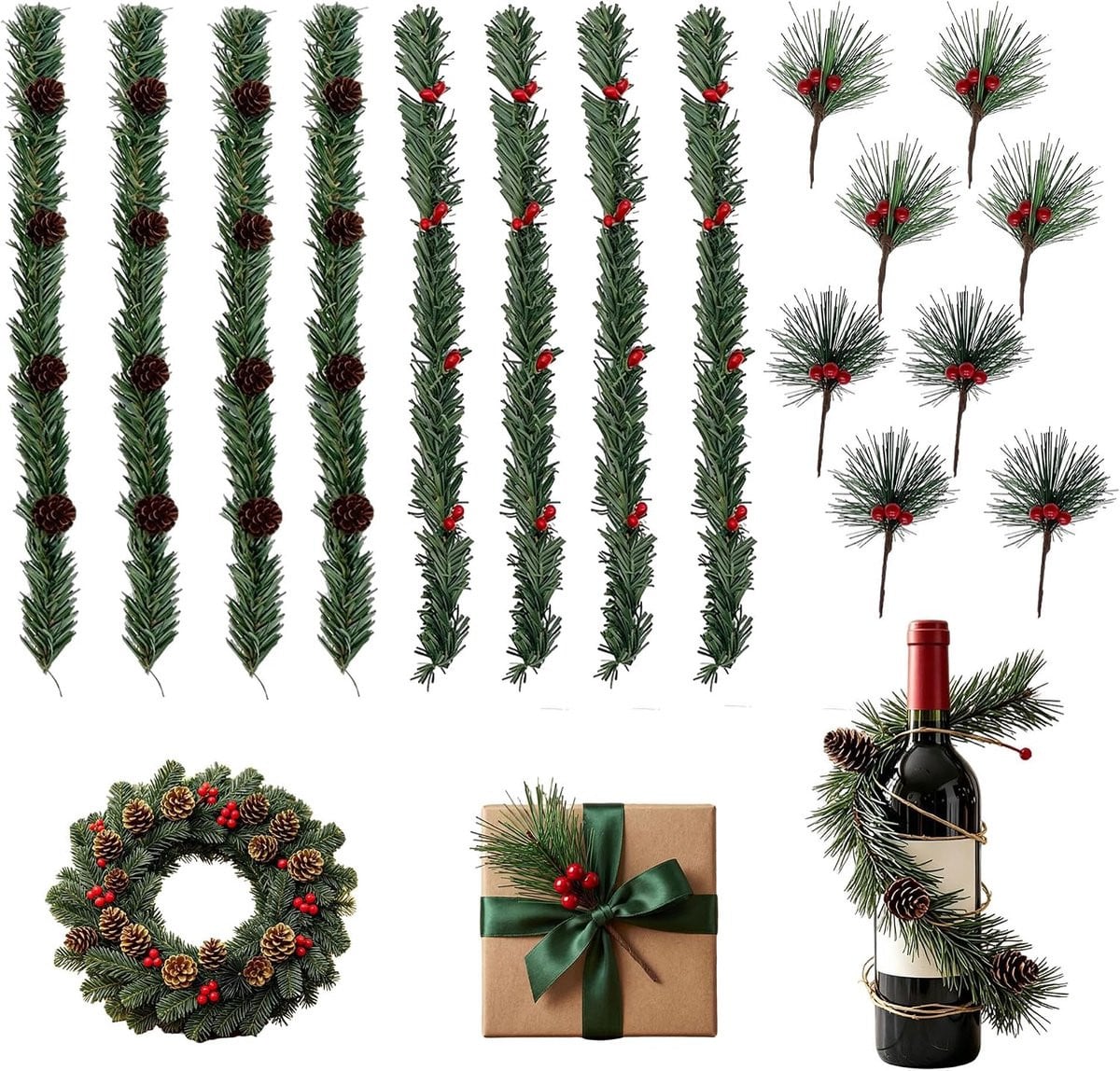 16 stuks LONGHAO kunstmatige miniatuur dennentakken voor kerstdecoratie