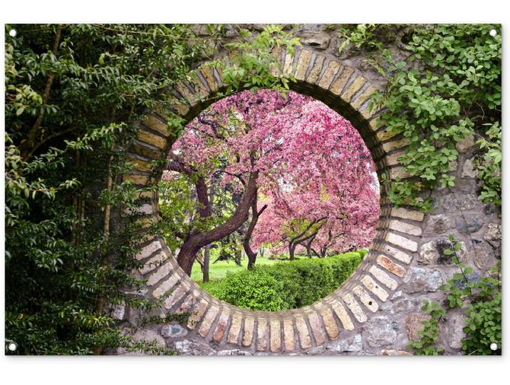 Tuinposter - Doorkijk - Sakura - Bloesem - Stenen - Bloemen - 120x80 cm - Schuttingposter - Tuinposter doorkijk