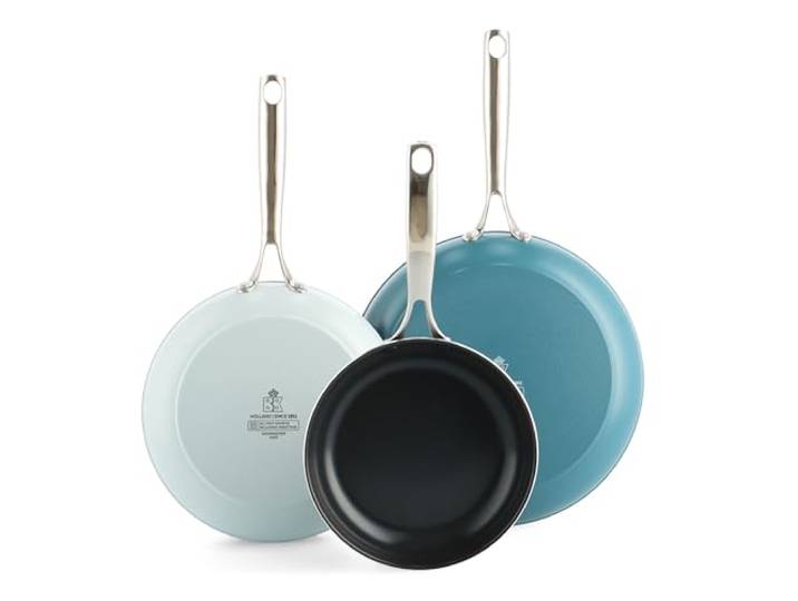BK Sky Keramik-Antihaft-Pfannenset, 3-teilig, Ø 20/24/28 cm, PFAS-frei, Induktionsgeeignet, Backofenfest bis 220 °C, Spülmaschinenfest, Schnelle Erhitzung, Edelstahlgriffe, Blau