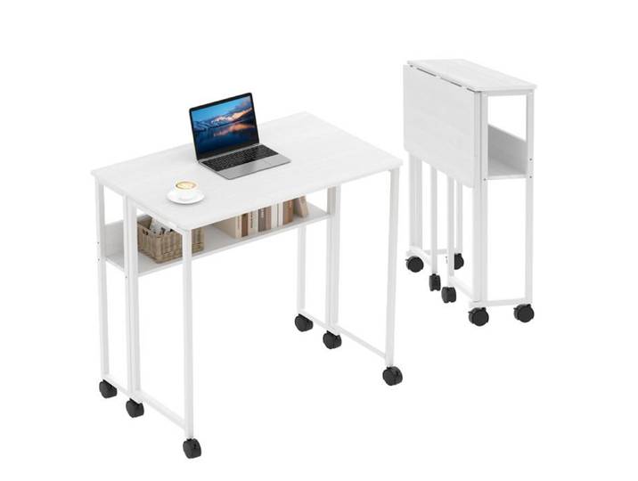 Garvee Bureau pliant compact 80cm avec étagère roulettes montage facile finition bois naturel pour salon bureau chambre -Blanc