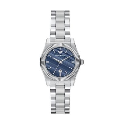 Quarzuhr EMPORIO ARMANI, blau (edelstahlfarben, dunkelblau, blau), Armbanduhren, Damen, edelstahlfarben, Quarzuhr, Armbanduhr, Damenuhr, Edelstahlarmband, analog, Tag, Achat