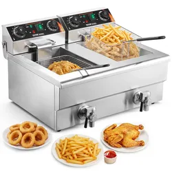 VEVOR Kommerzielle Fritteuse 2 x 8 L, Elektrische 3 kW Tischfritteuse mit Doppeltank & Korb, Doppel-Ölfritteuse aus Edelstahl, Zeit- und Temperaturregelung, für Küche Restaurants