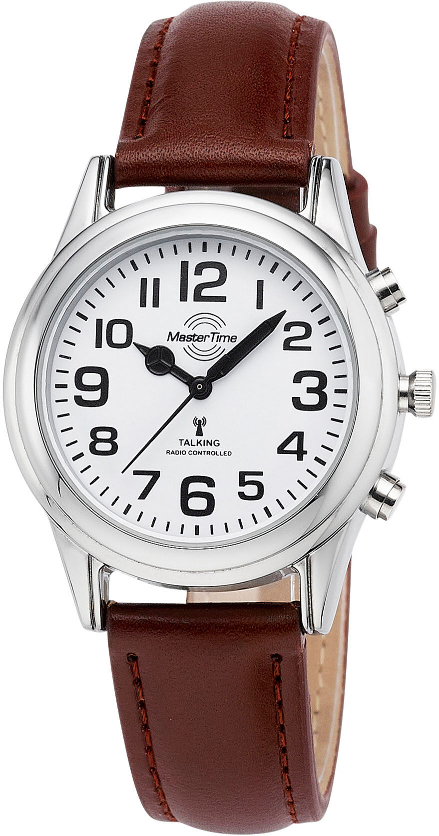 Funkuhr MASTER TIME "Sprechende Funkuhr", braun (braun, weiß), Armbanduhren, Damen, silberfarben, Funkuhr, Armbanduhr, Quarzuhr, Damenuhr, Lederarmband
