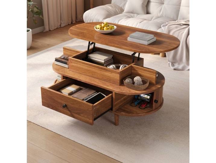 MEUBLIV Table basse ovale relevable 105 cm plateau hydraulique rangement MDF décor noyer