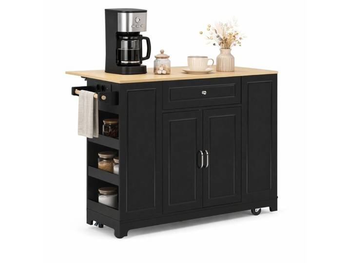 Îlot central mobile extensible – Noir/Naturel – plan de travail rangements prises USB/AC