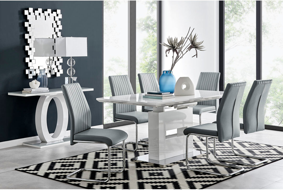 Canora Grey Alezzo Modern High Gloss Extendable Dining Table Set with 6 Upholstered Faux Leather Dining Chairs Grey 6