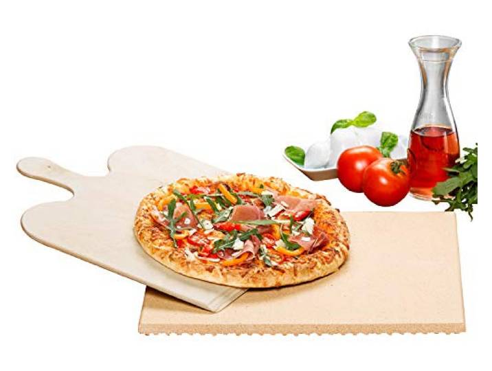 ROMMELSBACHER Pizza-/Brotbackstein Set PS 16 - Stein aus natürlicher Schamotte, lebensmittelecht, 35 x 35 cm, inkl. Holzschaufel