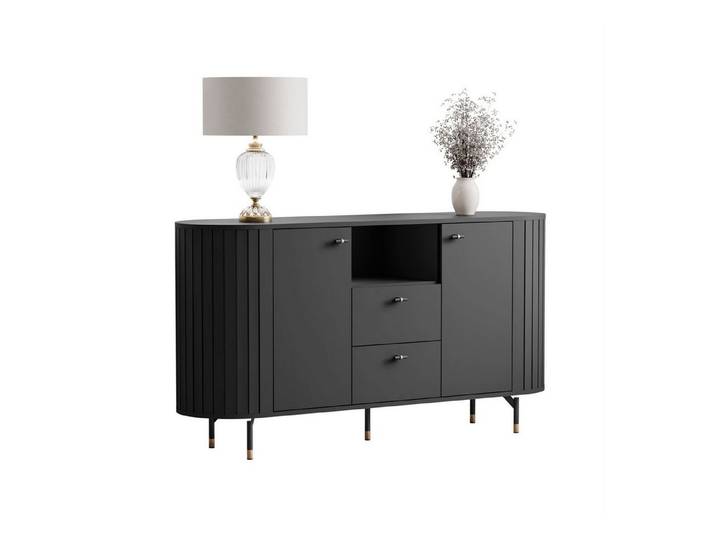 yourhouse24 Kommode LINNEA 150cm 2D2S Runde Ecken Lamellen Kaschmir/Schwarz