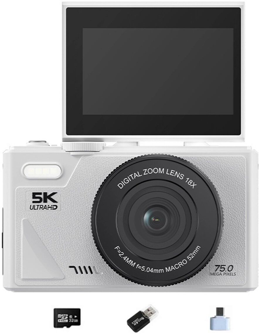 INF Weiße Digitalkamera mit 64GB Karte, Type-C Adapter & USB Reader - 5K Video & 75MP Fotos