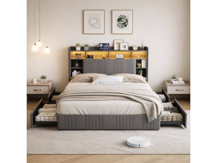 Hoscullo Polsterbett 140 x 200 cm, Schubladenbett mit 4 Schubladen und Lattenrost, Jugendbett Multifunktional, Bettgestell für Teenager und Erwachsene, Leinen Grau