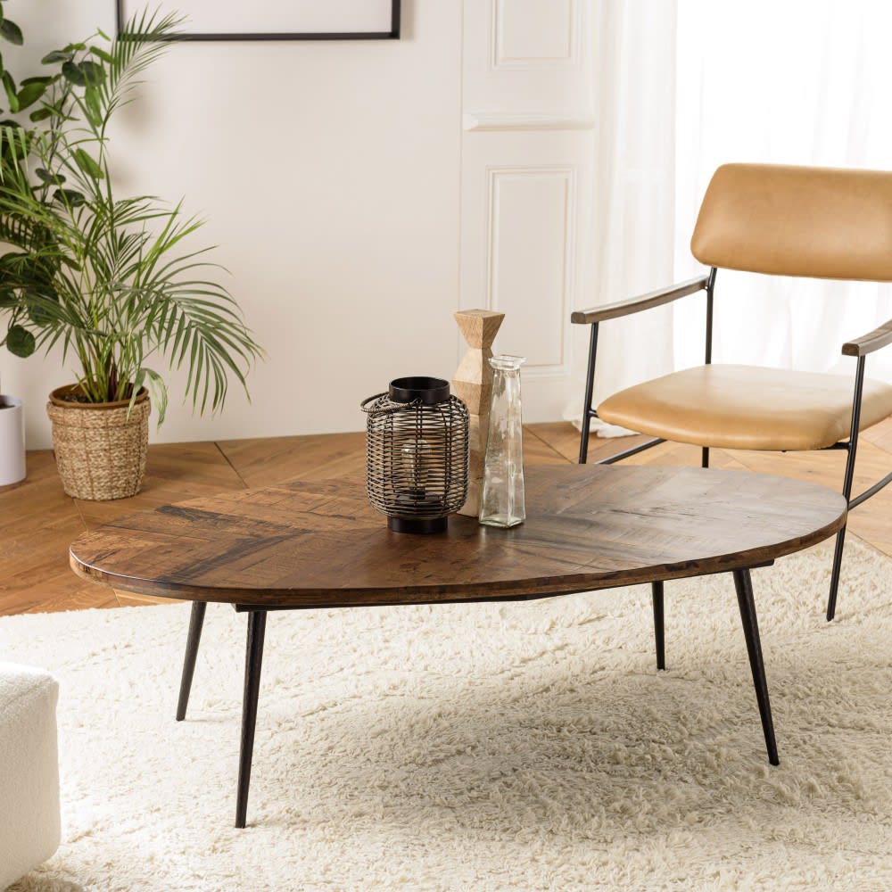 MACABANE Table basse ovale 135x70cm plateau chevrons Marron 135x40x70cm