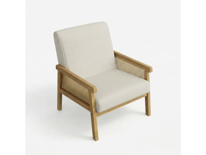 Fauteuil rotin cadre bois siège tissé main mobilier patio bohème résistant intempéries salon jardin balcon blanc cassé