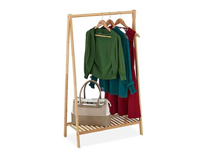 Relaxdays Kleiderständer, Bambus, freistehende Garderobe mit Ablage, natur