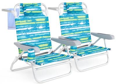 Costway 2 Pack Folding Beach Chair with Adjustable Positions and Head Pillow-Green