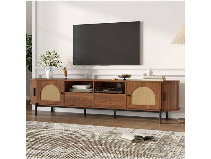 MEUBLIV Meuble TV ovale 200 cm décor noyer portes en rotin 2 tiroirs et passe-câbles
