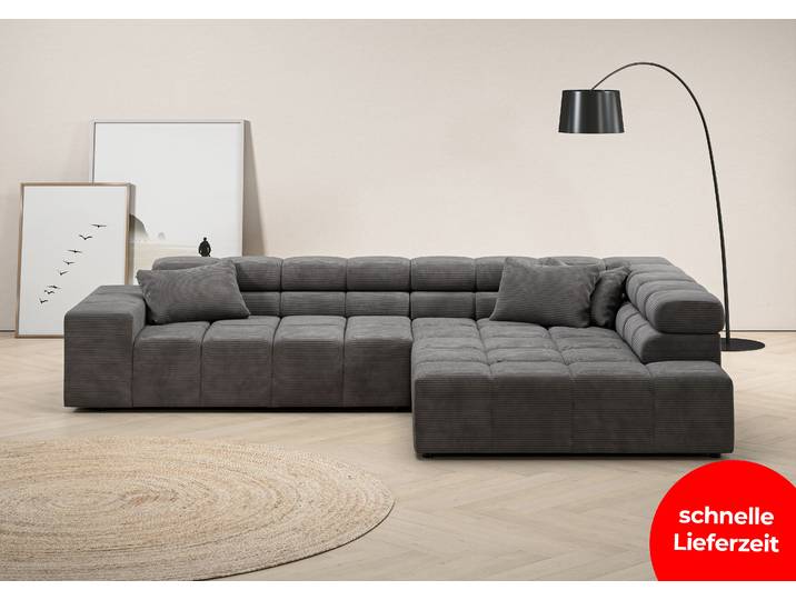 Ecksofa, Struktur & Velours, Dunkelgrau 319×215 cm, Kopfteilverstellung, Modern, Inosign