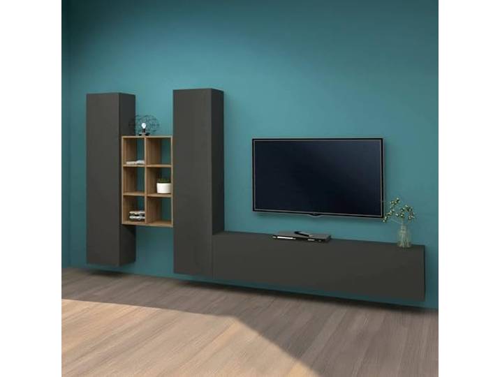 Dmora - Ausgestattete Wand Emiliano, 3-türiges TV-Ständer-Wohnzimmerset, Mehrzweck-Wohnzimmermöbel, 100% Made in Italy, 320 x 30 x 180 cm, Anthrazit und Ahorn,